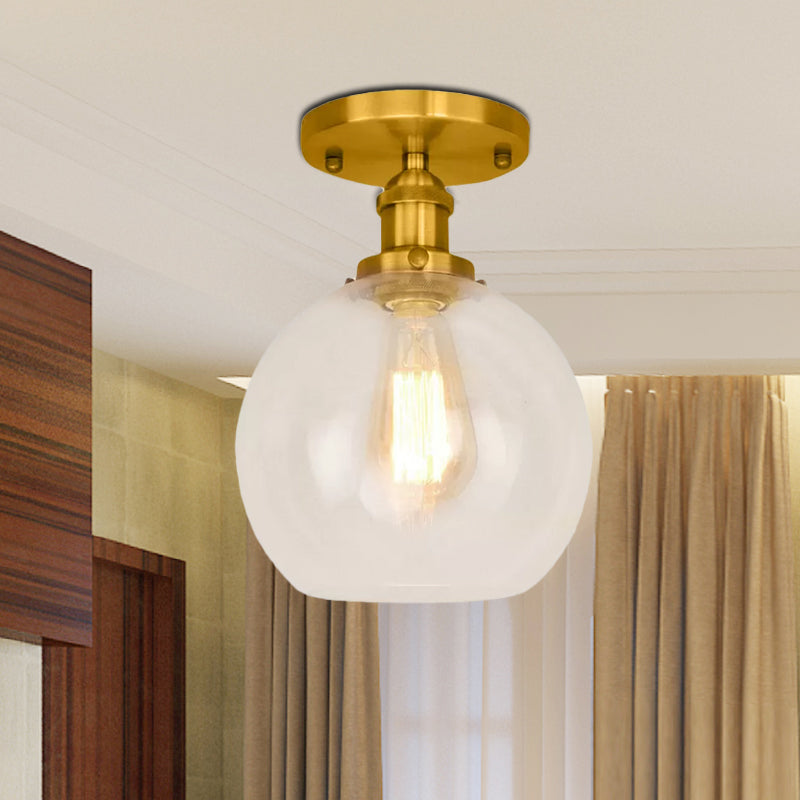 Spherical Balcony Semi Flush Industrial Clear Glass One Light Black/Brass/Copper Ceiling Light Fixture
