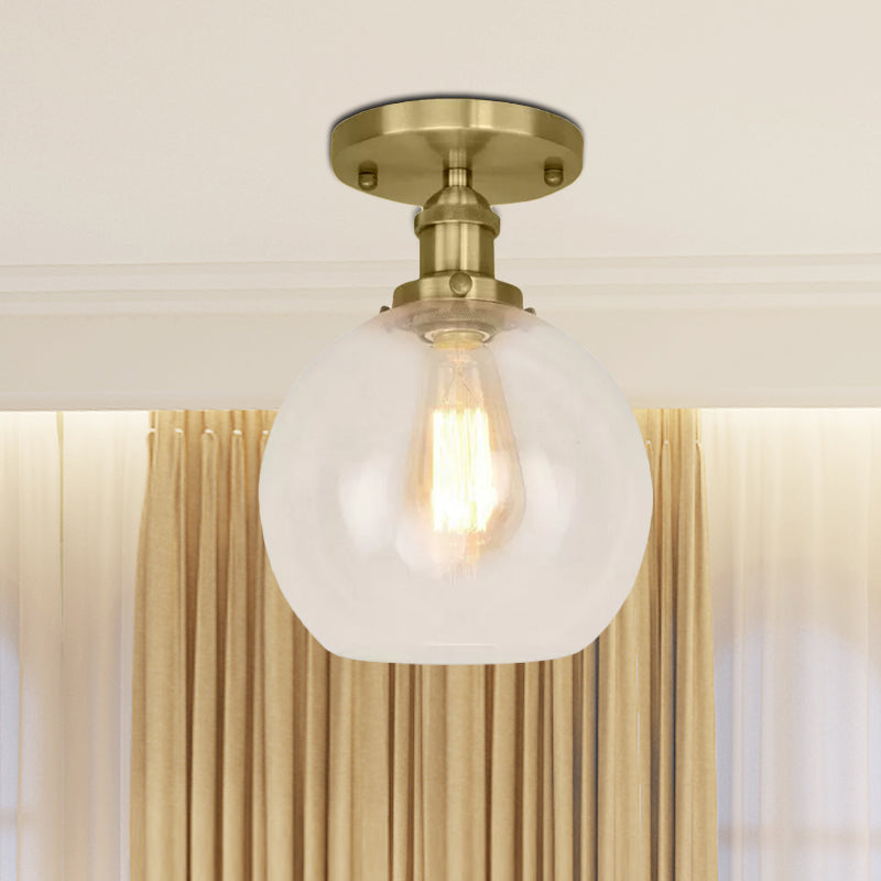 Spherical Balcony Semi Flush Industrial Clear Glass One Light Black/Brass/Copper Ceiling Light Fixture