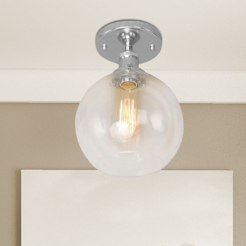 Spherical Balcony Semi Flush Industrial Clear Glass One Light Black/Brass/Copper Ceiling Light Fixture