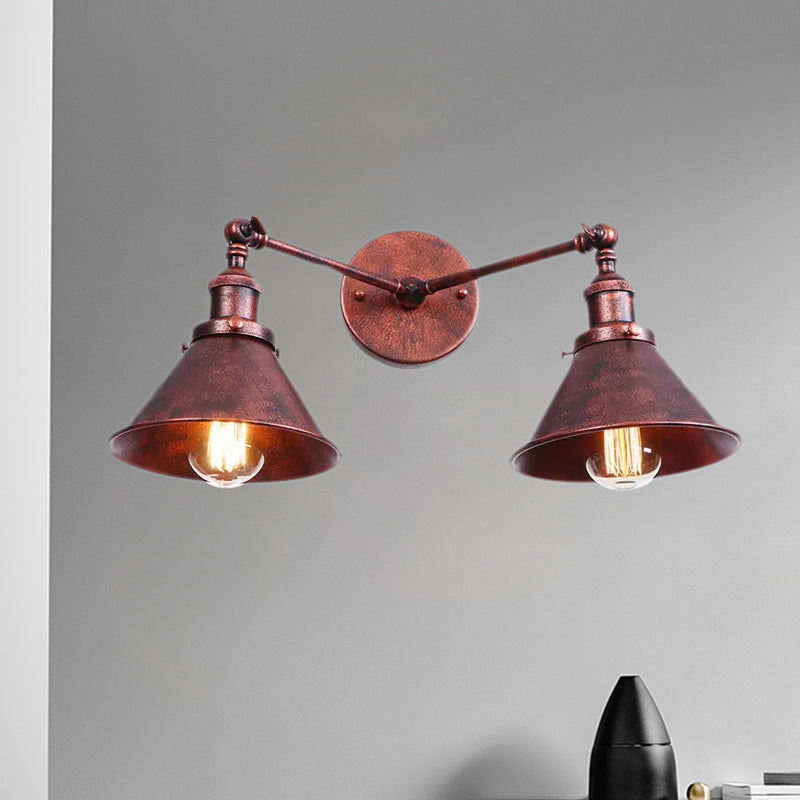 Tapered Shade Iron Wall Mount Fixture Industrial Vintage 2 Heads Farmhouse Wall Mount Light in Black/Brass