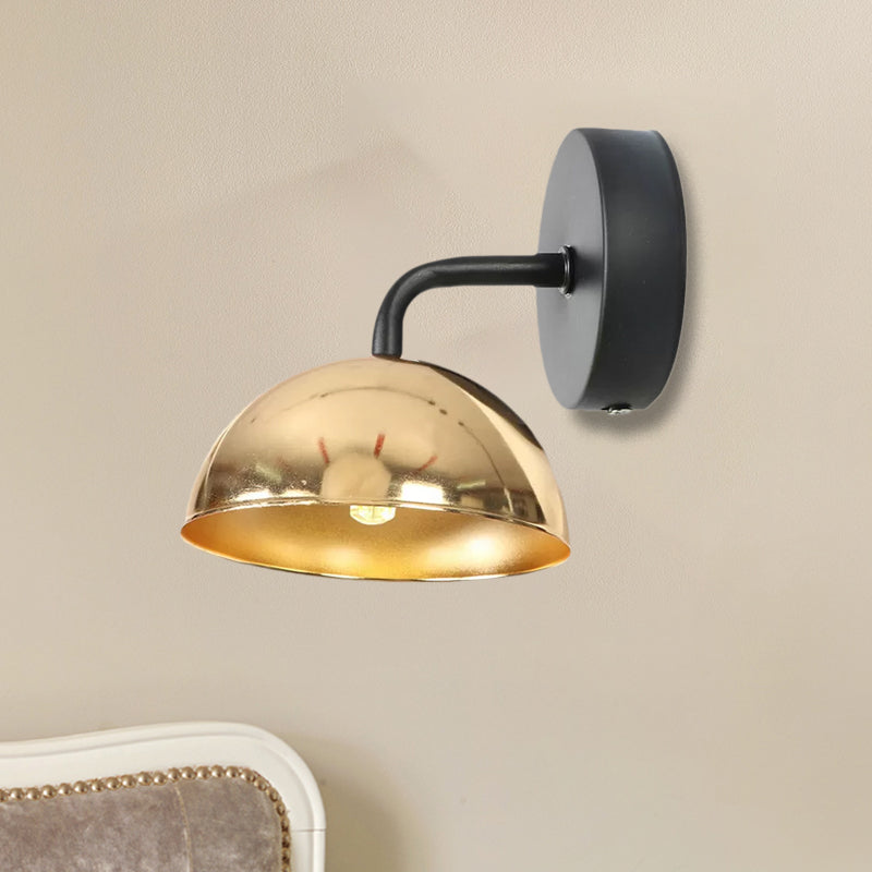 1 Light Wall Sconce Industrial Dome Shade Metal Down Wall Light with Curved Arm in Black/Brass for Bedroom