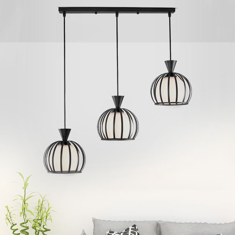 Metal Dome Cage Ceiling Pendant with Milk Glass Shade Retro Style 3 Bulb Indoor Hanging Light in Black/White