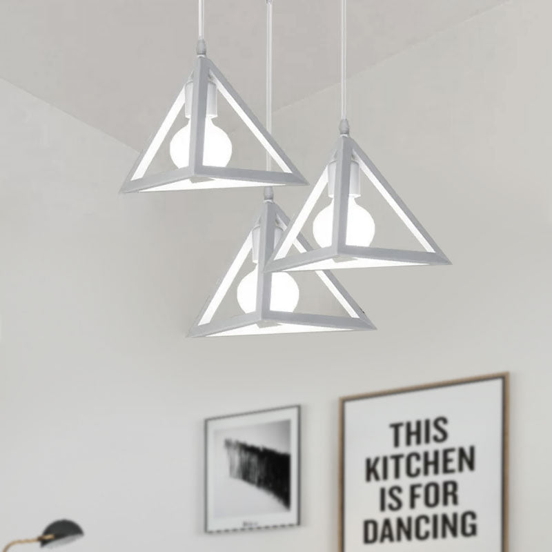 3 Heads Hanging Lamp Retro Industrial Triangle Metallic Pendant Lighting with Wire Guard and Linear/Round Canopy in Black/White