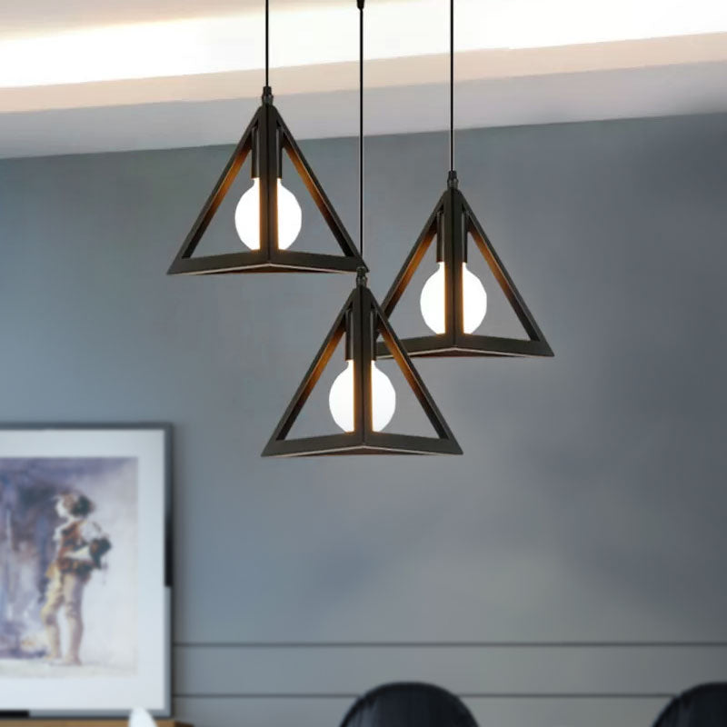 3 Heads Hanging Lamp Retro Industrial Triangle Metallic Pendant Lighting with Wire Guard and Linear/Round Canopy in Black/White