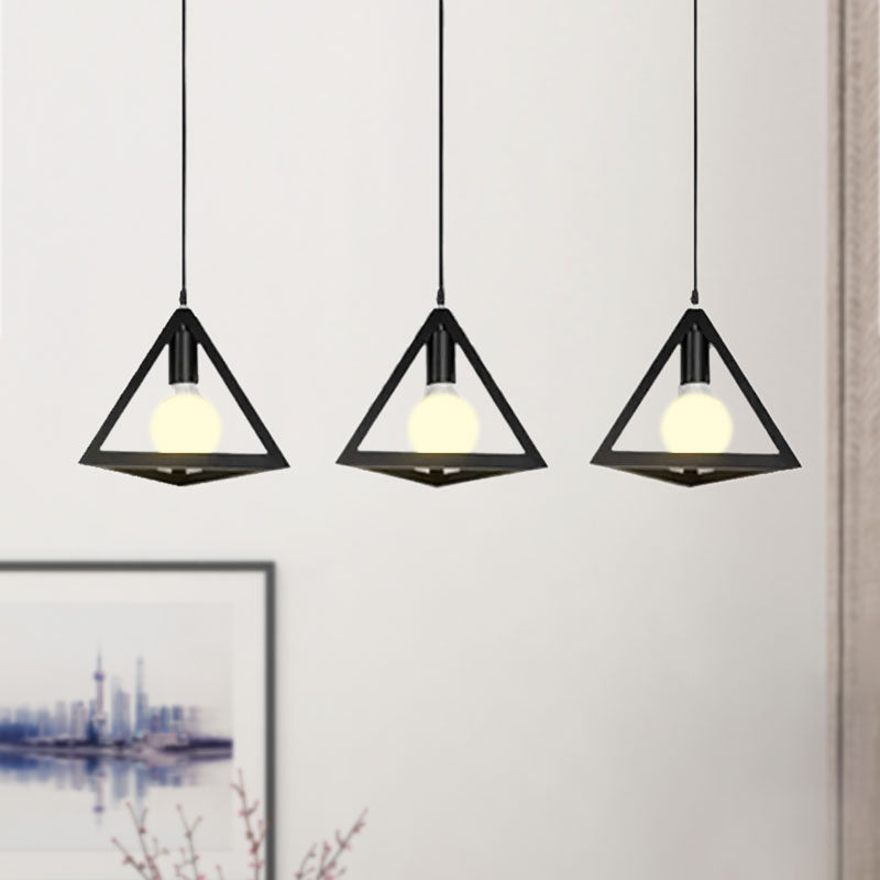 3 Heads Hanging Lamp Retro Industrial Triangle Metallic Pendant Lighting with Wire Guard and Linear/Round Canopy in Black/White