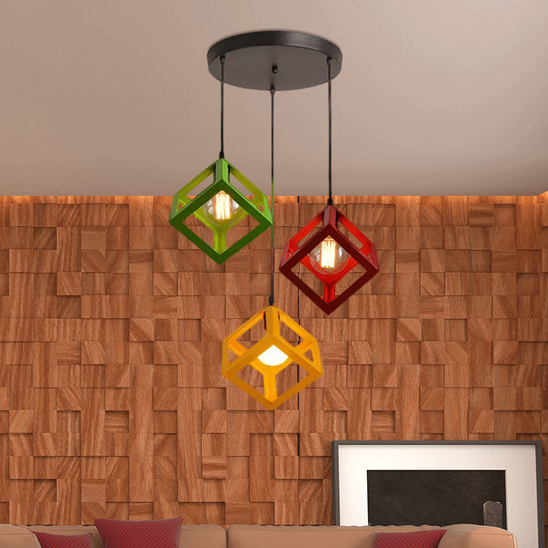 3 bulbos colgante de metal luz industrial lámpara de techo de sala de estar cuadrada cuadrada industrial con sombra de jaula de alambre