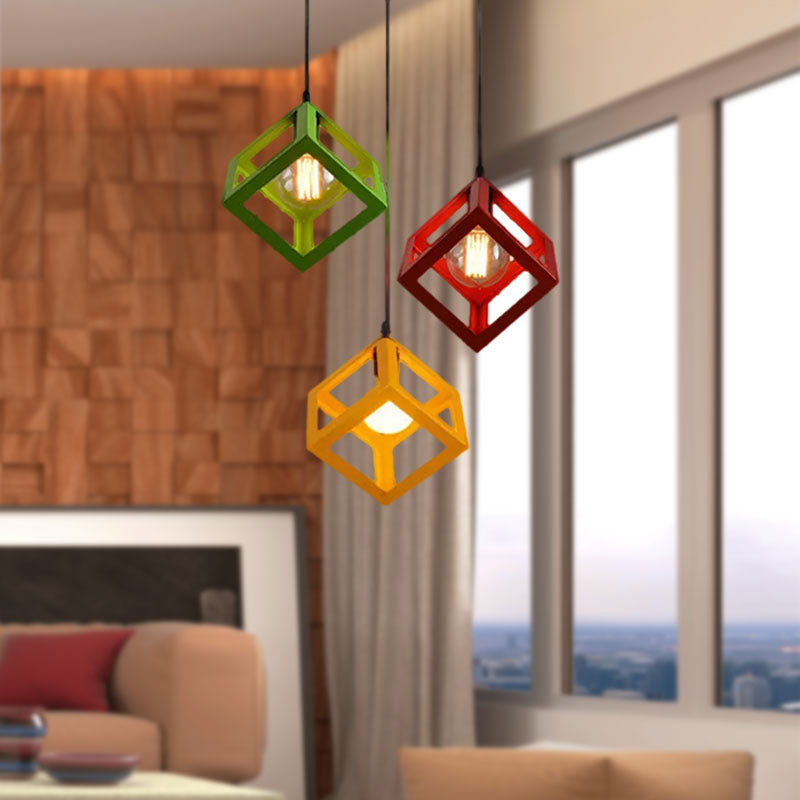 3 bulbos colgante de metal luz industrial lámpara de techo de sala de estar cuadrada cuadrada industrial con sombra de jaula de alambre