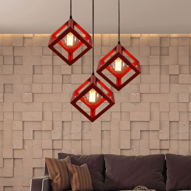 3 bulbos colgante de metal luz industrial lámpara de techo de sala de estar cuadrada cuadrada industrial con sombra de jaula de alambre