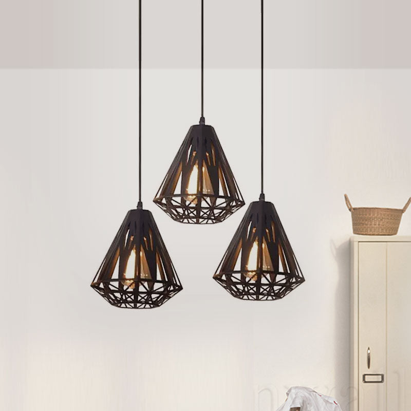 Loft Stylish Wire Cage Suspension Light 3 Heads Metal Ceiling Fixture with Diamond Shade in Black/White
