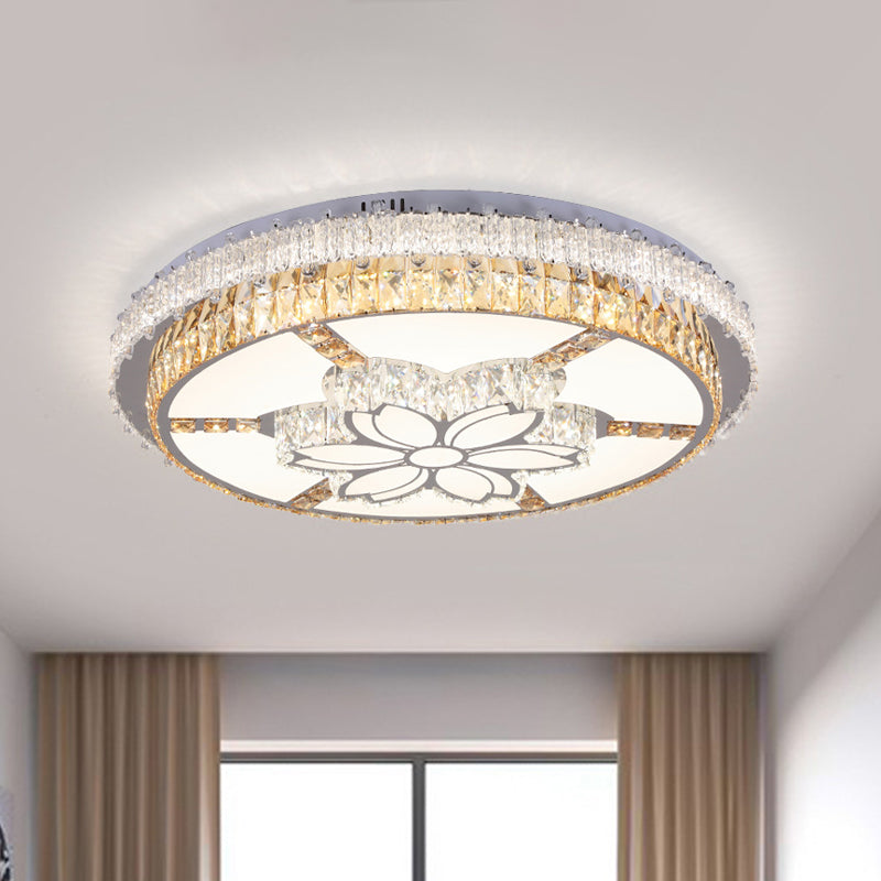 LED Lighting Fixture Contemporary Circular Clear Rectangular-Cut Crystals Flush Mount with Flower Design