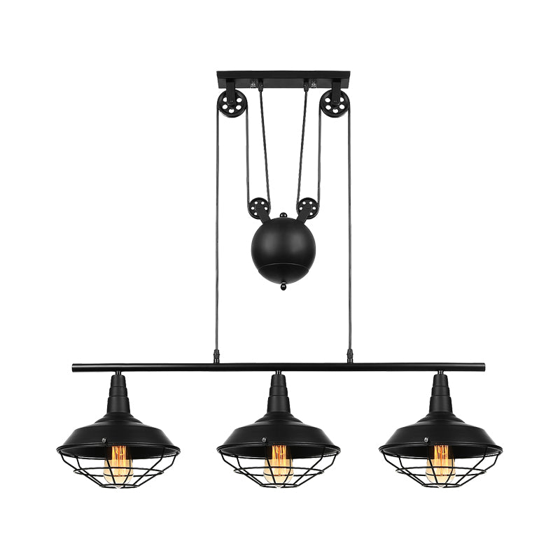 Farmhouse Barn Island Pendant 3 Lights Metallic Pendant Lighting with Cage Shade and Pulley in Black