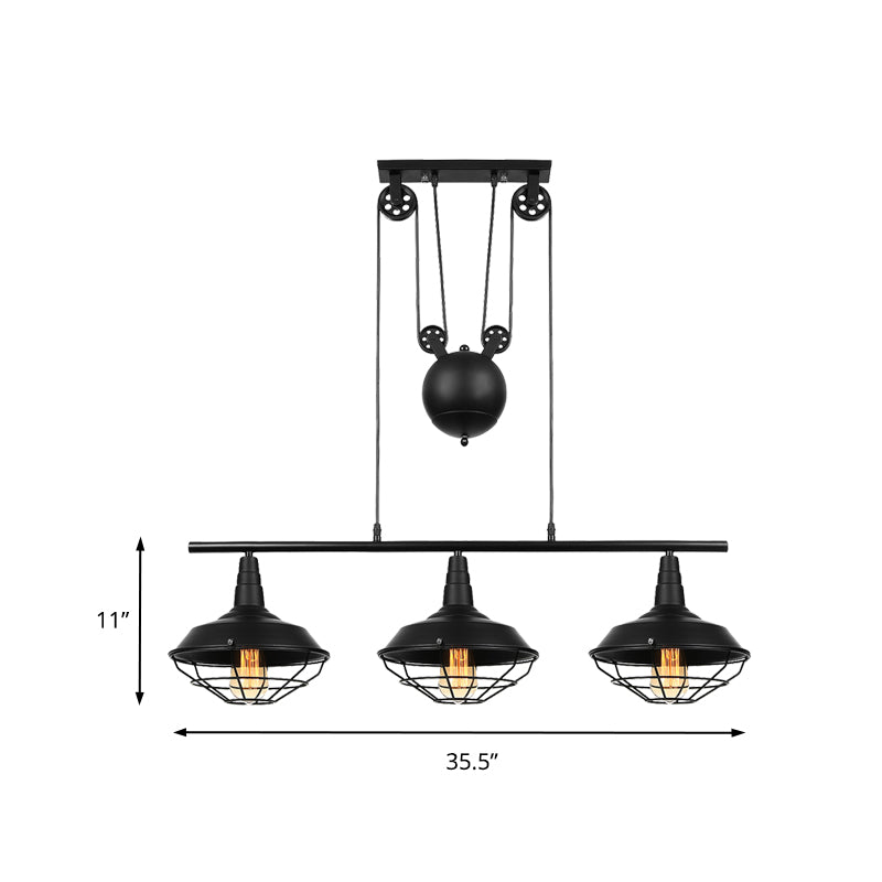Farmhouse Barn Island Pendant 3 Lights Metallic Pendant Lighting with Cage Shade and Pulley in Black