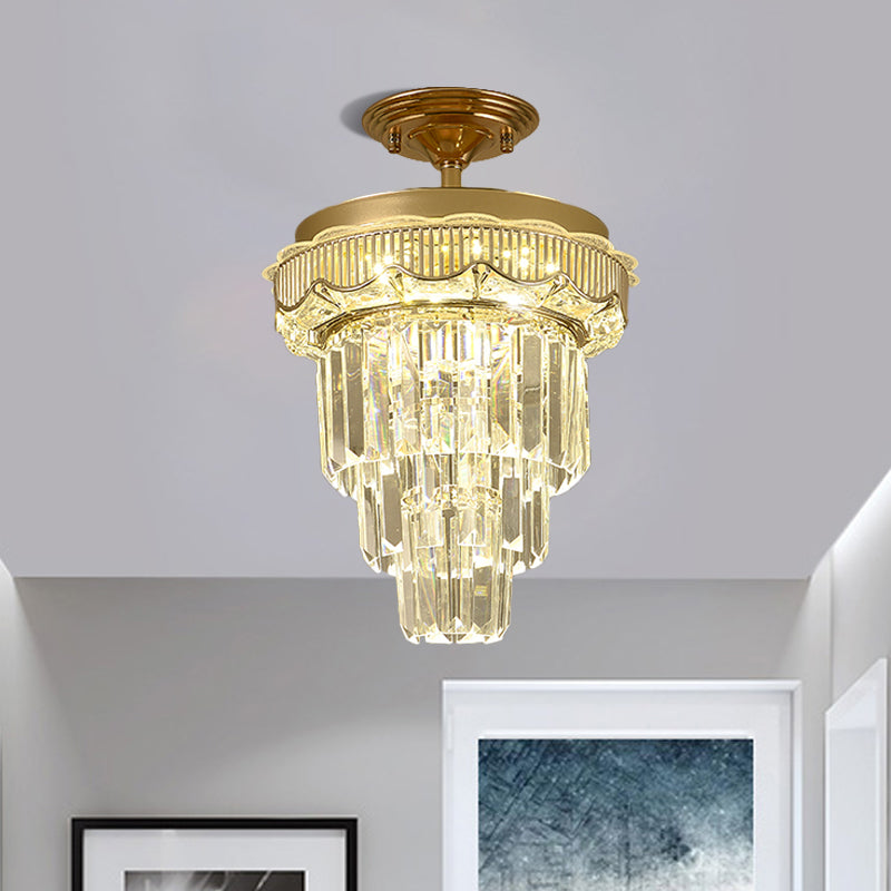 Taper Corridor Ceiling Lamp Modern Clear Crystal Blocks Gold Finish LED Semi Mount Lighting
