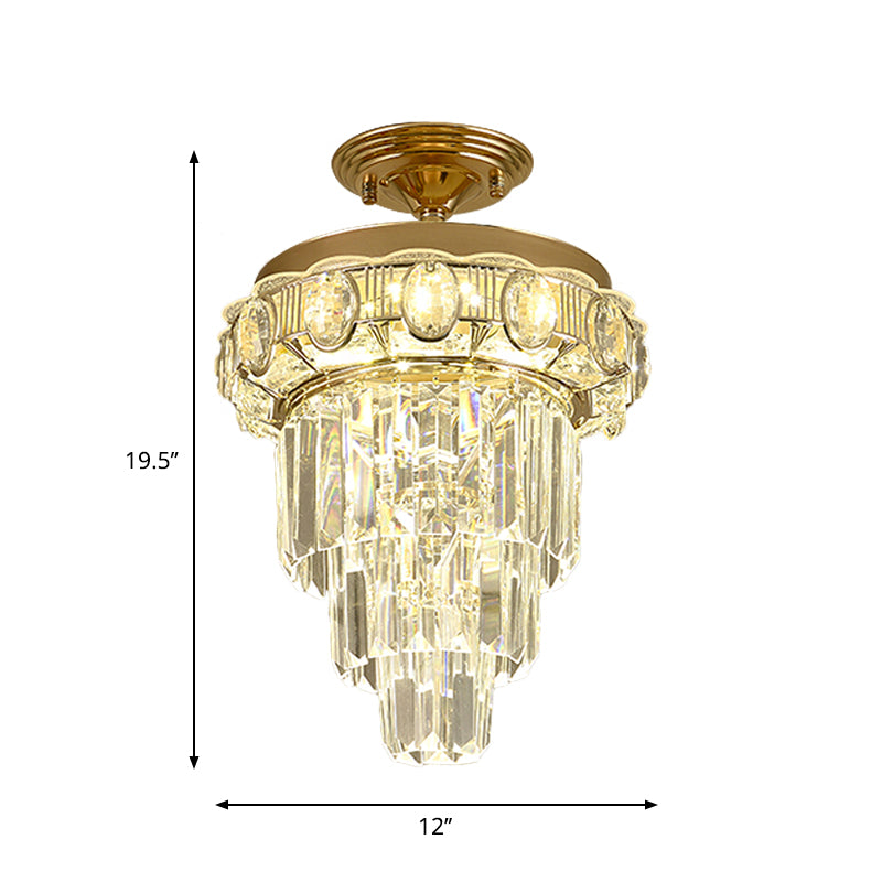 Taper Corridor Ceiling Lamp Modern Clear Crystal Blocks Gold Finish LED Semi Mount Lighting