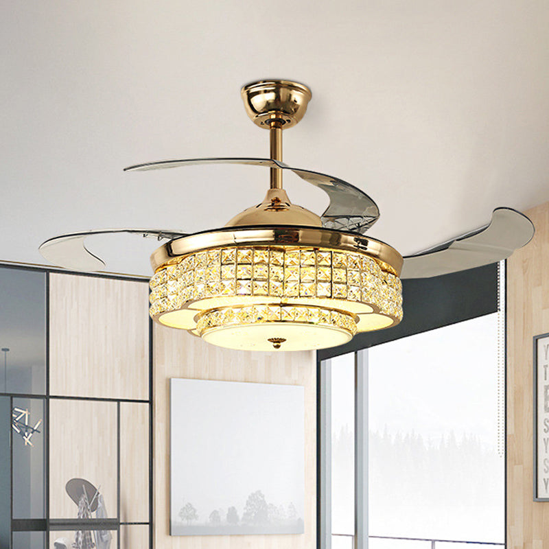 42 "W LED Hangende ventilatorlicht Moderne cirkelvormige heldere vierkante kristallen 3 bladen semi-flush mount in goud