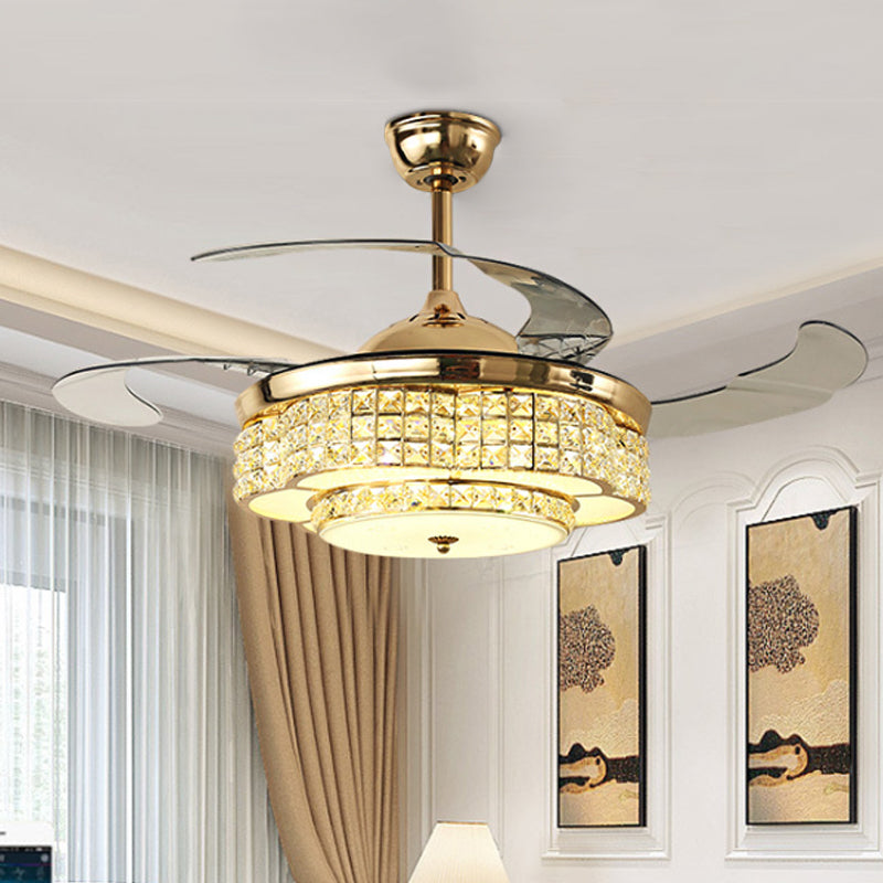 42 "W LED Hangende ventilatorlicht Moderne cirkelvormige heldere vierkante kristallen 3 bladen semi-flush mount in goud