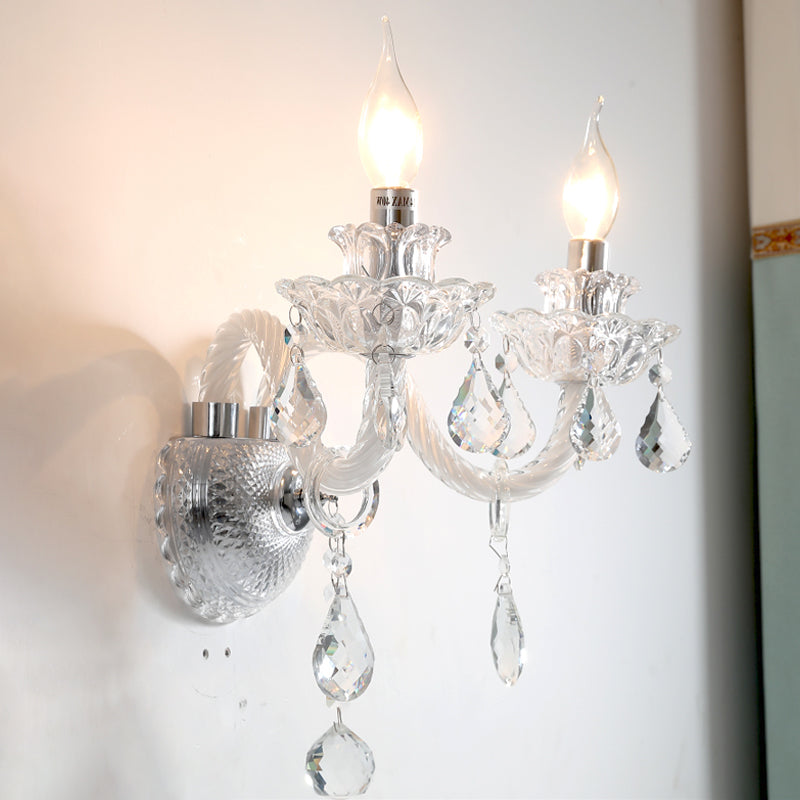 2 Bulbs Wall Lighting Contemporary Candelabra Clear Faceted Crystals Wall Sconce with Droplets