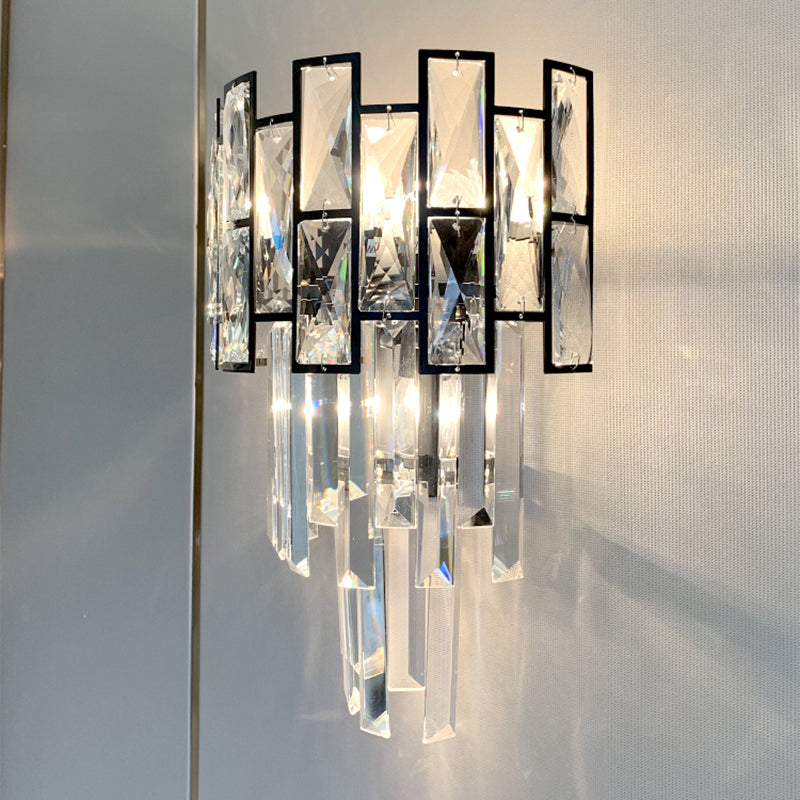3 Heads Tapered Flush Mount Contemporary Black Finish Crystal Embedded Surface Wall Sconce