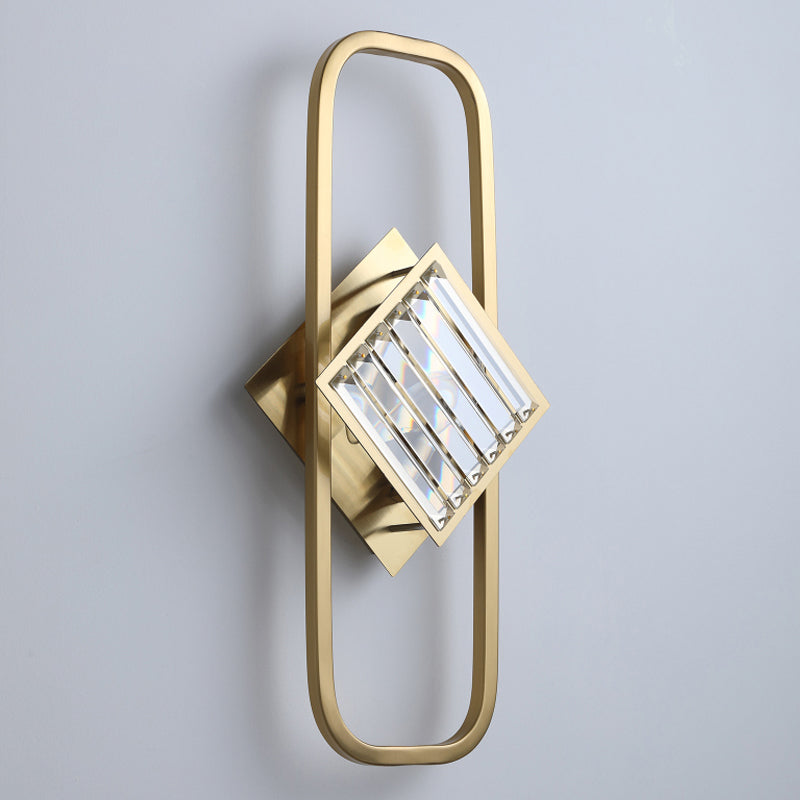 Gold 2 Bulbes Lampe murale moderne Blocs de cristal clair d'éclairage de mur carré avec cadre rectangulaire