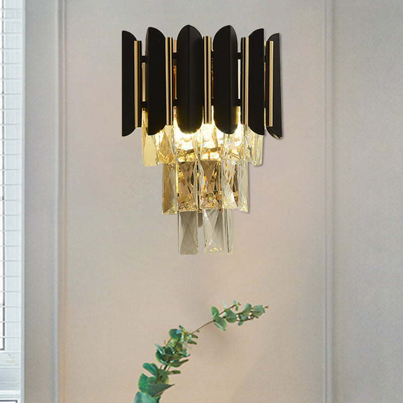 Black Finish 2 Heads Wall Light Fixture Modern Clear Faceted Crystals Tapered Flush Wall Sconce