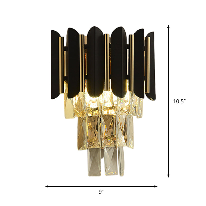 Black Finish 2 Heads Wall Light Fixture Modern Clear Faceted Crystals Tapered Flush Wall Sconce