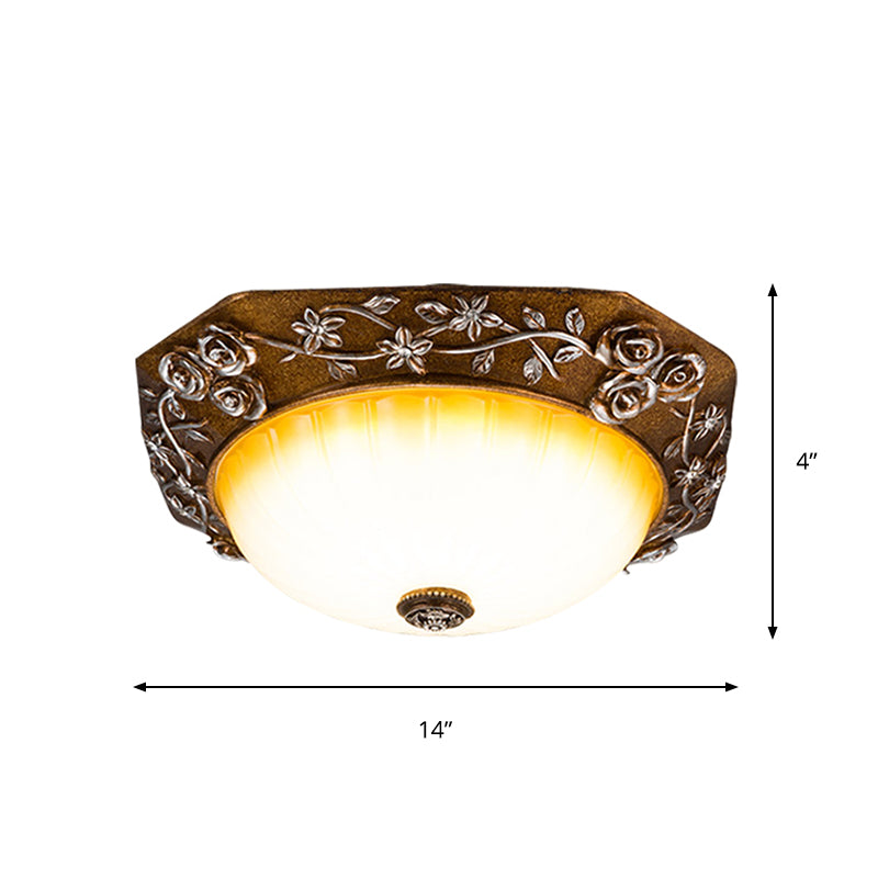 Milky Fluted Glass Round Flush Mount Traditional Dining Room LED Ceiling Light Fixture with Carving Bloom Decor in Brown, 14"/16" Wide