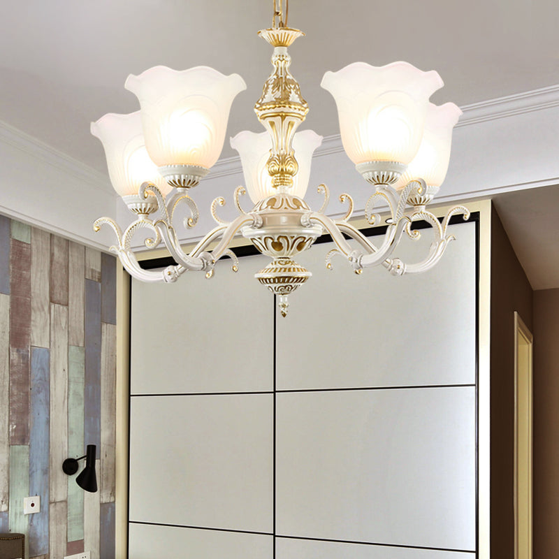 Opaline Glass Flower Ceiling Lamp Traditional 5/7-Light Drawing Room Pendant Chandelier in White and Gold