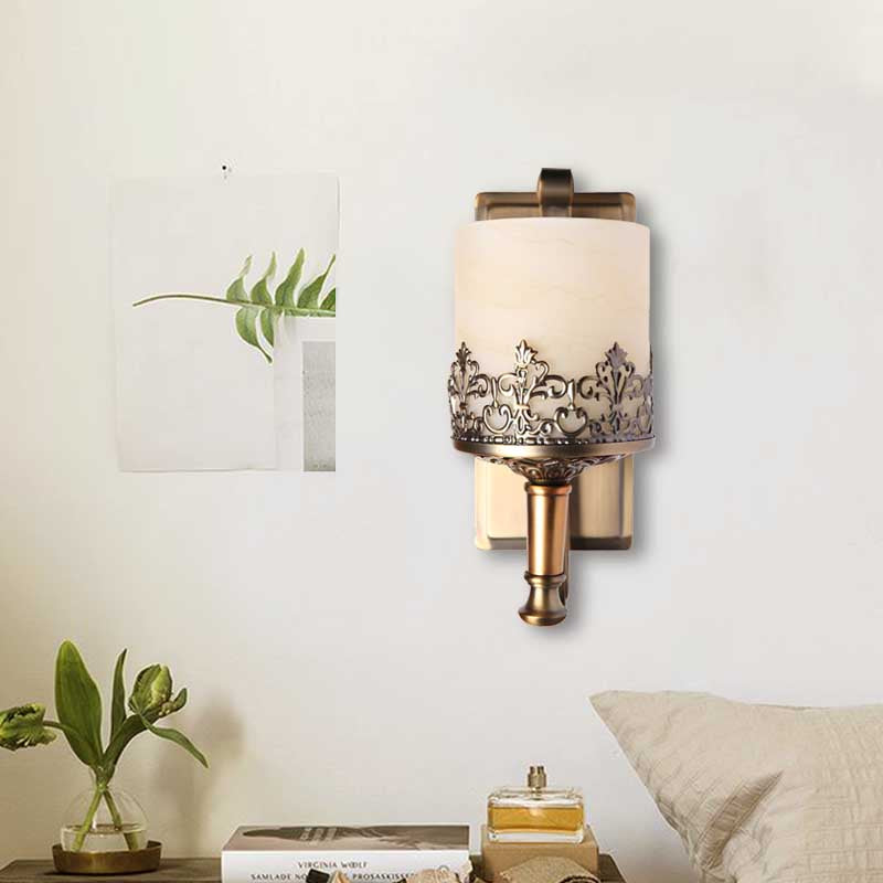 Antiqued Cylinder Wall Light Single Bulb White Glass Etching Wall Lighting Fixture in Gold
