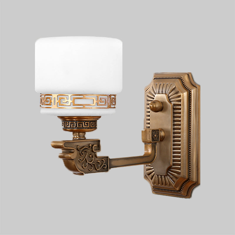 1-Head Cylindrical Wall Sconce Vintage Brass Milky Glass Wall Lighting Idea with Right Angle Arm