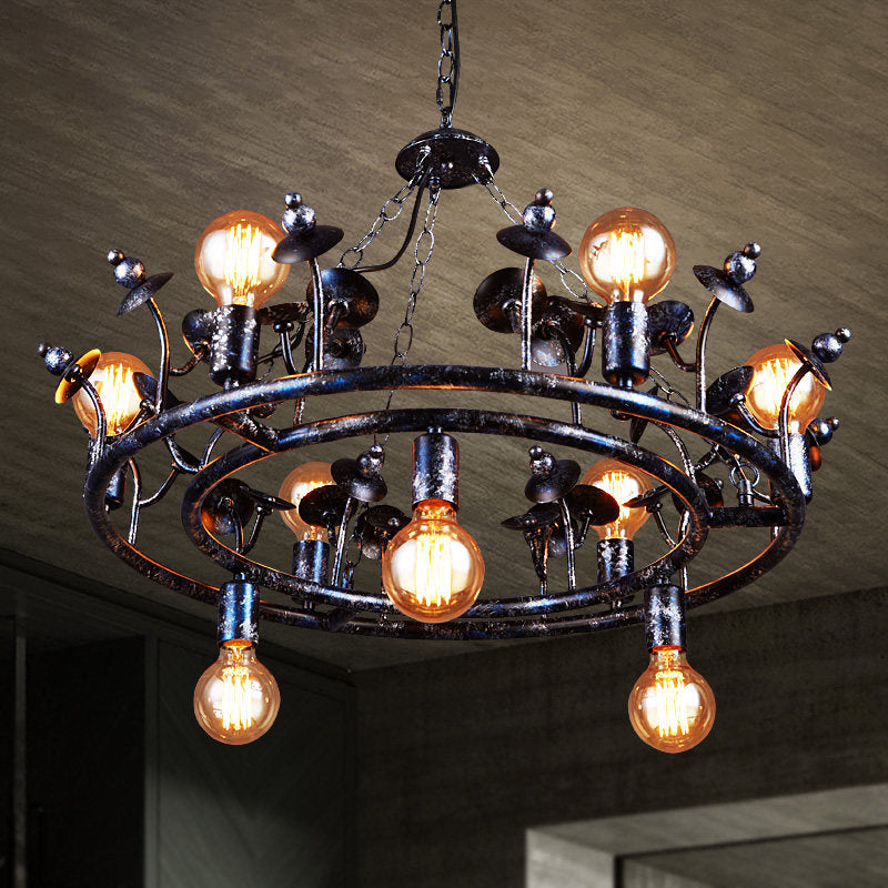 Multi Light Round Chandelier Light Open Bulb Metal Rustic Pendant Lighting in Black