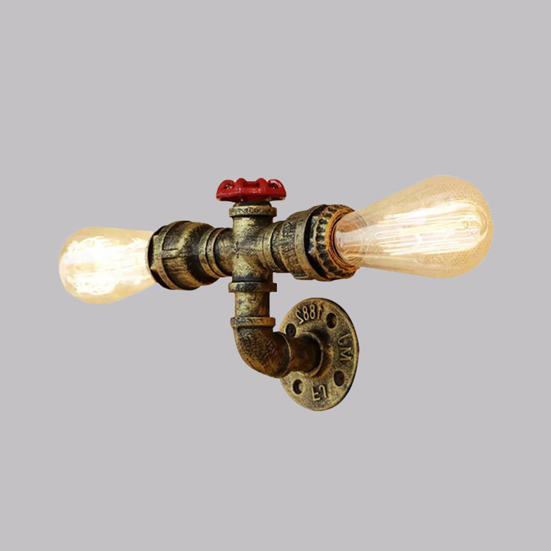 Bronze/Antique Brass 2 Heads Wall Light Fixture Warehouse Style Wrought Iron Bare Bulb Sconce Lamp with Pipe and Valve