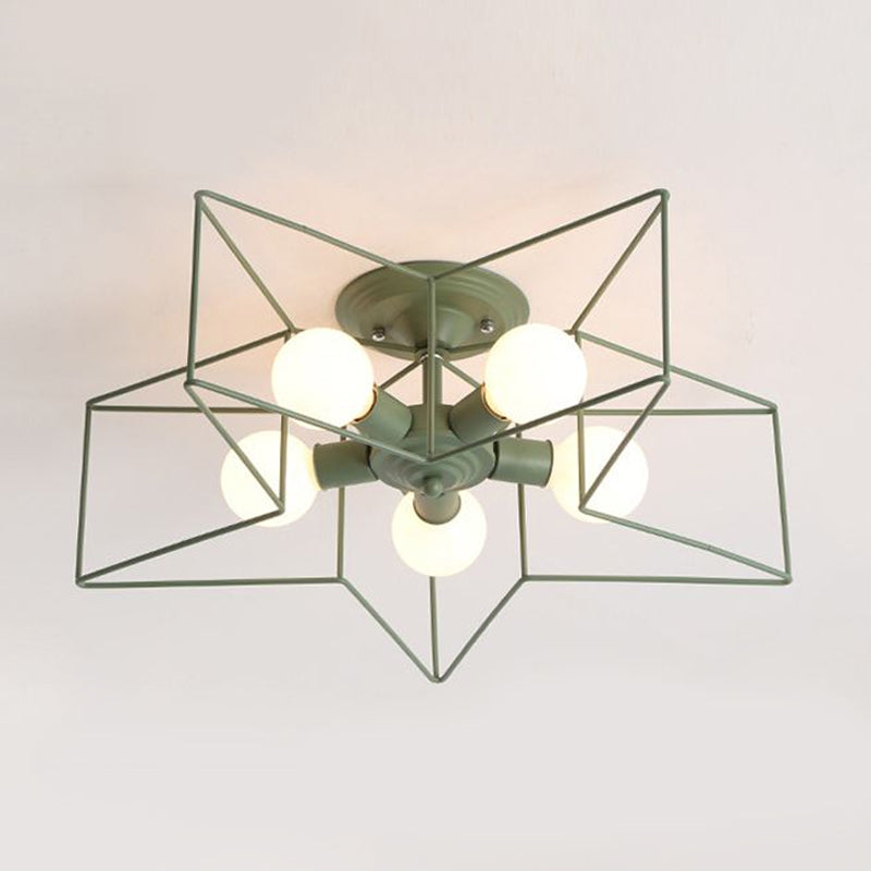 5 Bulbs Semi-Flush Ceiling Fixture with Star Cage Shade Metallic Loft Stylish Indoor Semi Flush Light in Grey/Pink