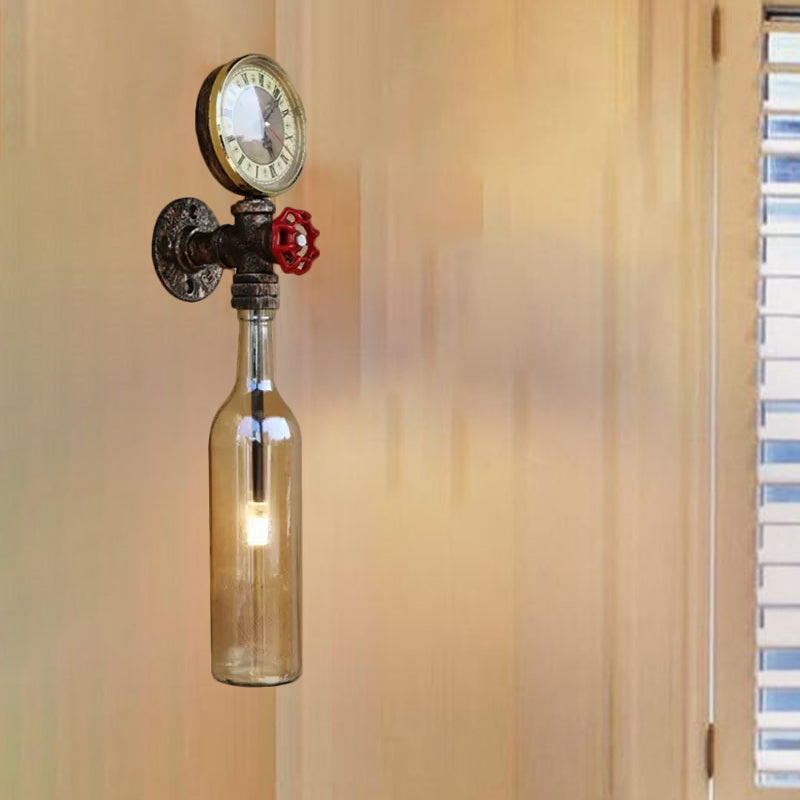 Brown/Blue Bottle Wall Sconce Lamp Vintage Stylish Glass 1 Bulb Living Room Wall Lighting with Gauge and Valve