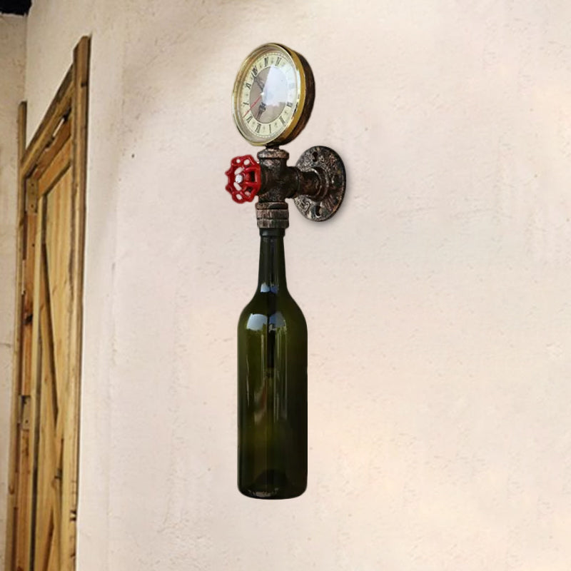 Brown/Blue Bottle Wall Sconce Lamp Vintage Stylish Glass 1 Bulb Living Room Wall Lighting with Gauge and Valve
