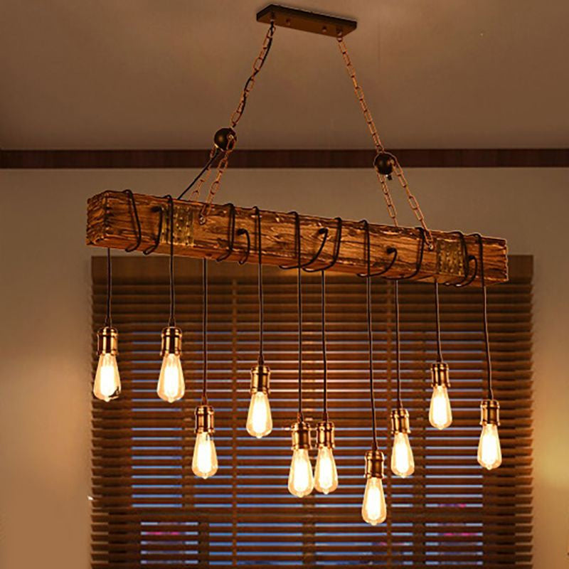Linear Dining Room Island Lighting with Wooden Beam Lodge Stylish Multi Light Brown Ceiling Light Fixture