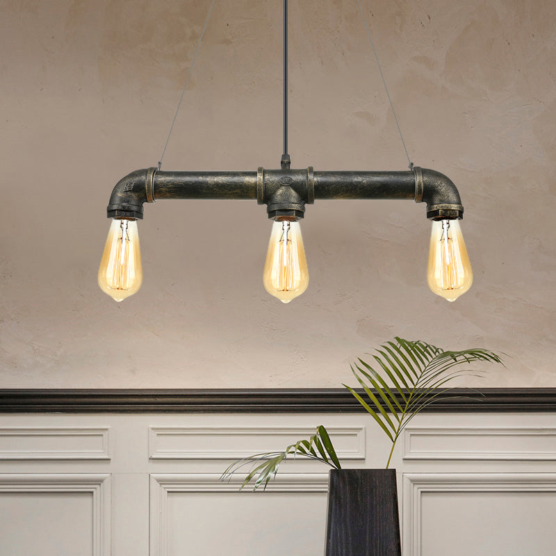 Aged Brass Pipe Ceiling Light Fixture with Open Bulb Antique Style Iron 3 Lights Indoor Island Pendant Light