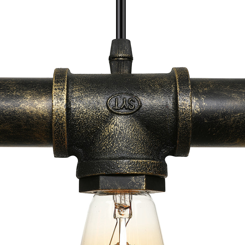 Aged Brass Pipe Ceiling Light Fixture with Open Bulb Antique Style Iron 3 Lights Indoor Island Pendant Light