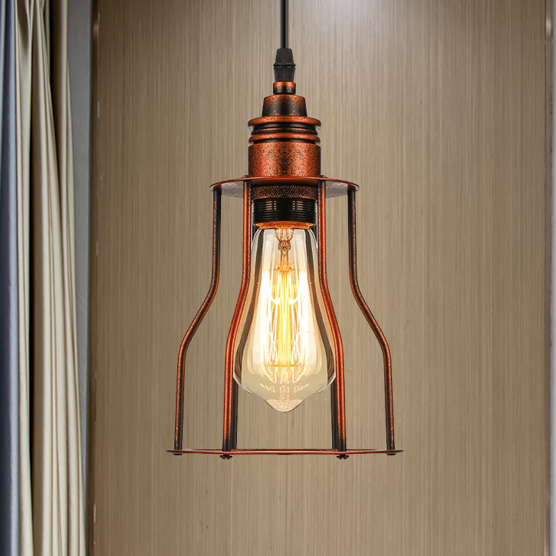 Copper 1 Head Pendant Lighting Antique Stylish Metallic Wire Guard Hanging Ceiling Light for Restaurant