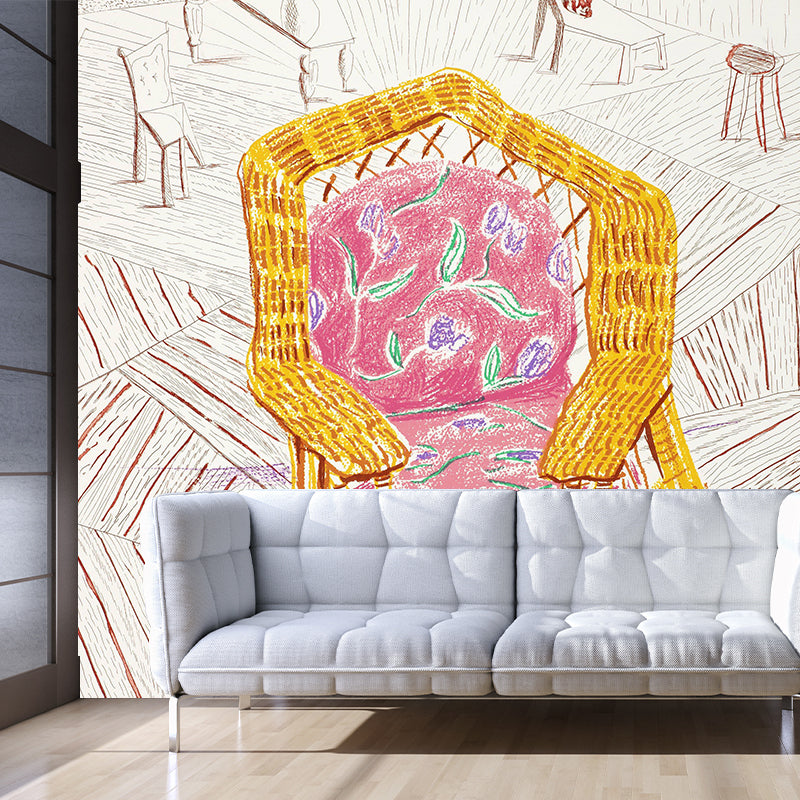 Pink-Yellow Chair Painting Mural Still Life Art Waterproofing Wall Decor for Living Room