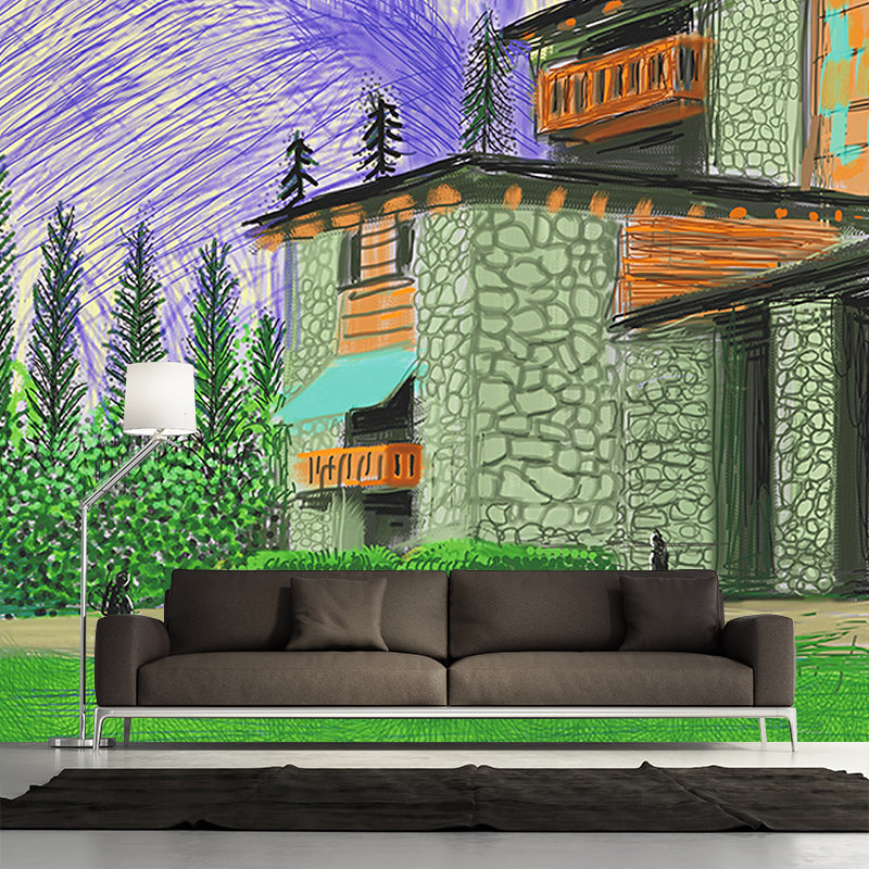 Whole Aesthetics Wallpaper Murals Purple-Green Stone House Beside Mountain Painting Wall Art, Custom-Print
