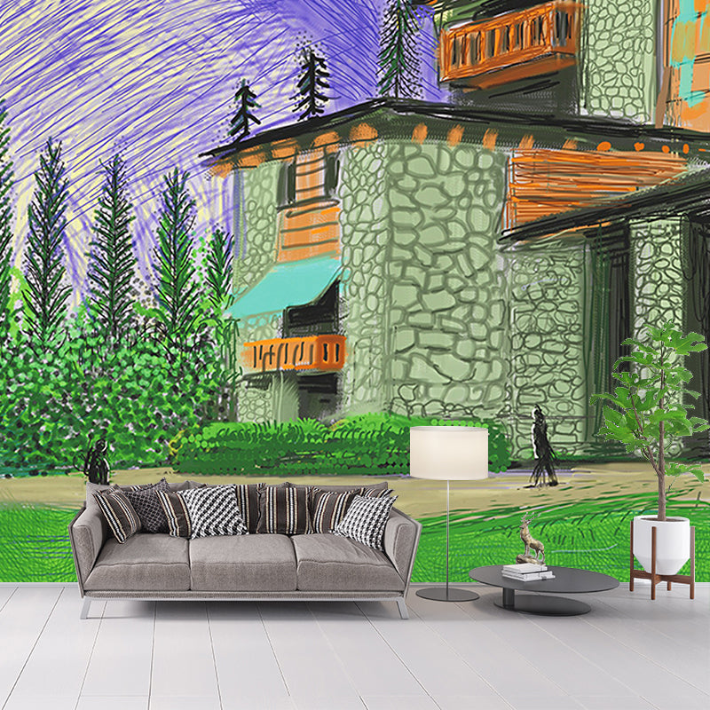 Whole Aesthetics Wallpaper Murals Purple-Green Stone House Beside Mountain Painting Wall Art, Custom-Print