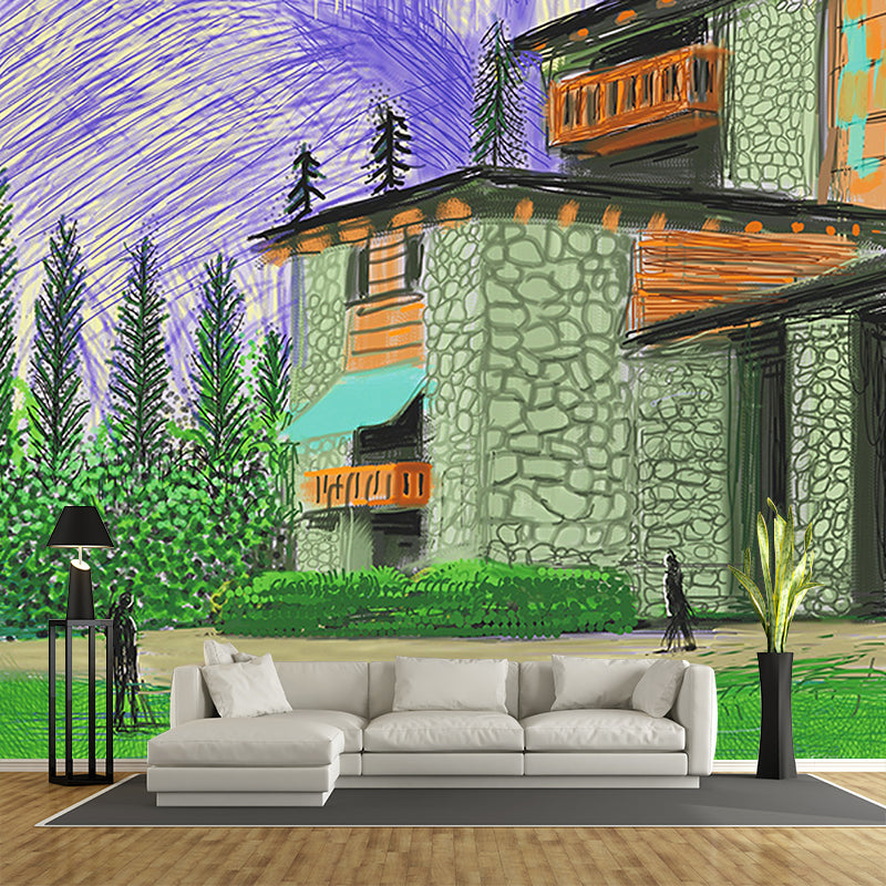 Whole Aesthetics Wallpaper Murals Purple-Green Stone House Beside Mountain Painting Wall Art, Custom-Print