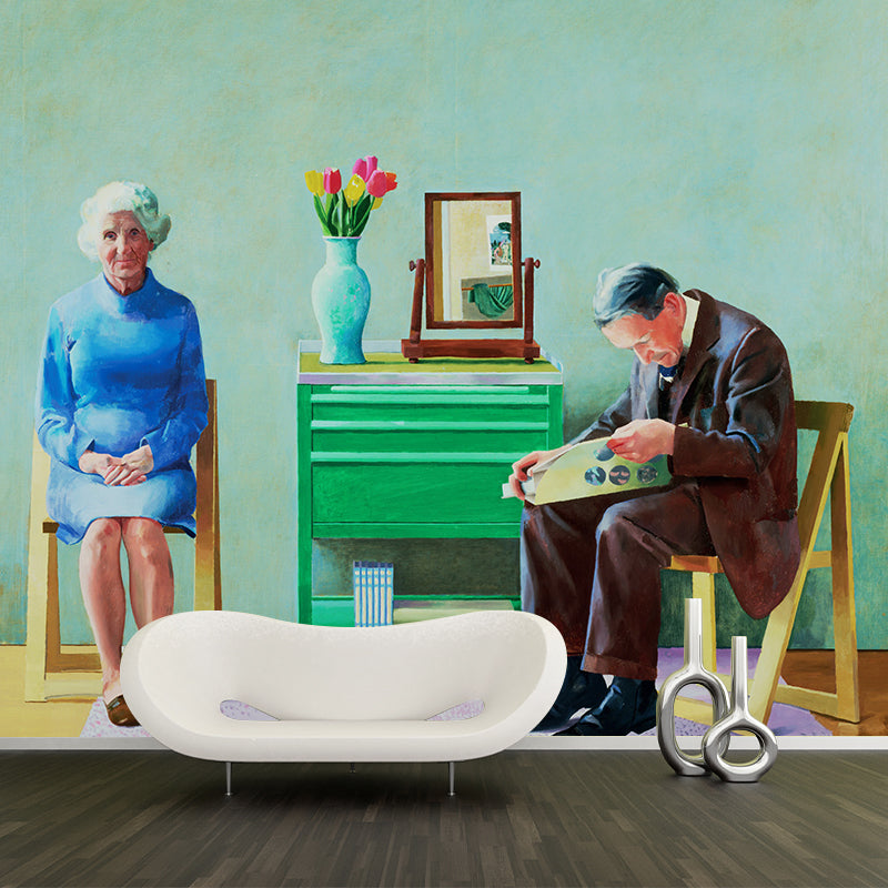 Old Couples Painting Wall Murals in Blue-Green Artistic Wall Covering for Living Room