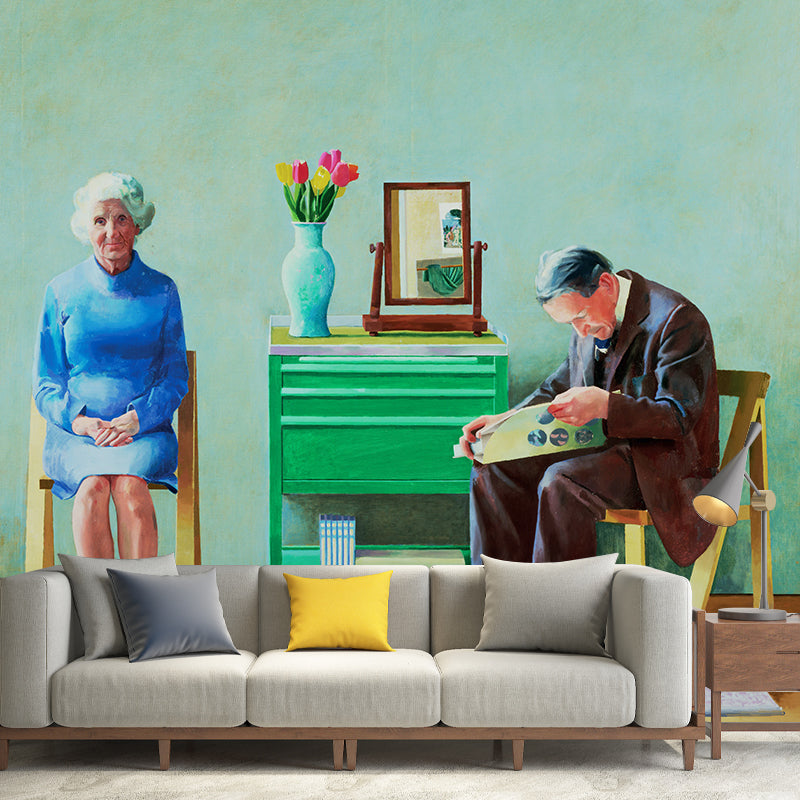Old Couples Painting Wall Murals in Blue-Green Artistic Wall Covering for Living Room