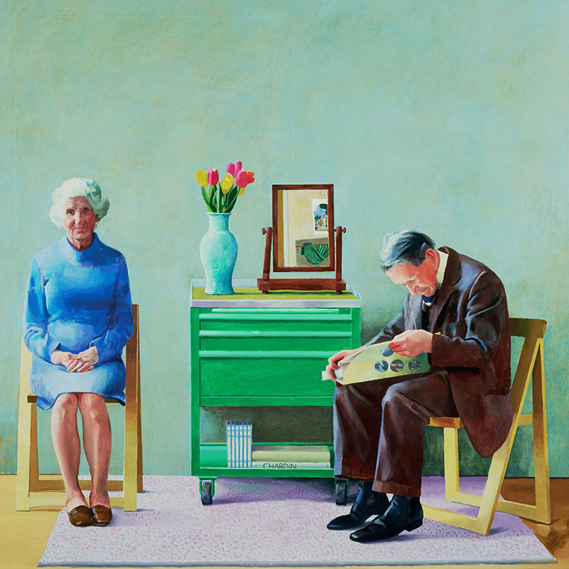 Old Couples Painting Wall Murals in Blue-Green Artistic Wall Covering for Living Room