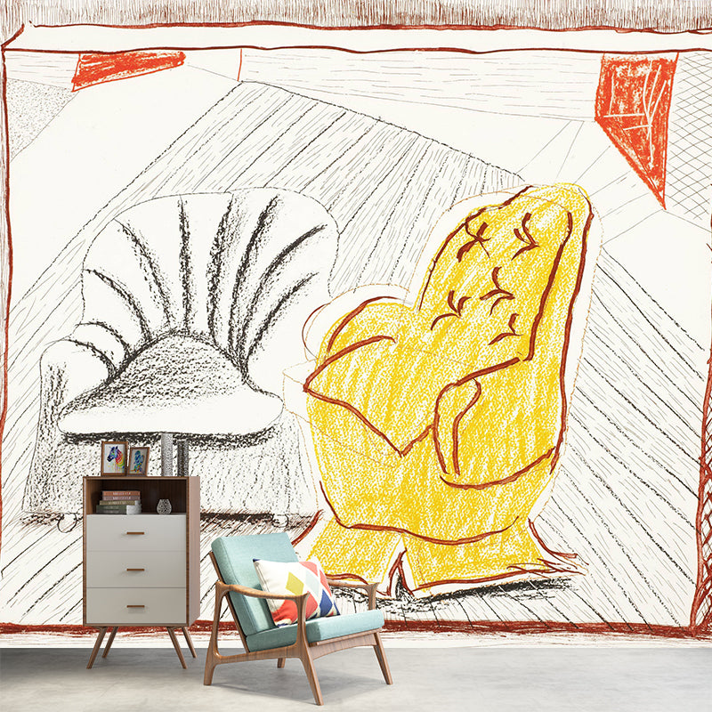 Large Two Sofa Chairs Mural Wallpaper Modern Art Sketch Wall Decor in Yellow-Grey