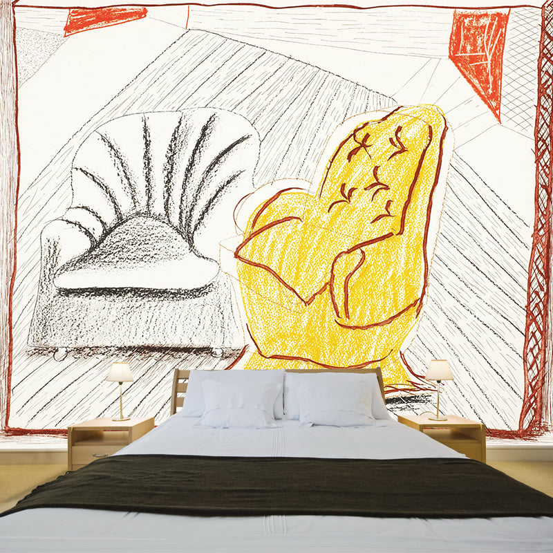 Large Two Sofa Chairs Mural Wallpaper Modern Art Sketch Wall Decor in Yellow-Grey