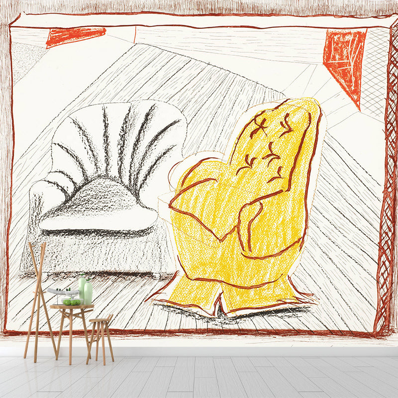Large Two Sofa Chairs Mural Wallpaper Modern Art Sketch Wall Decor in Yellow-Grey
