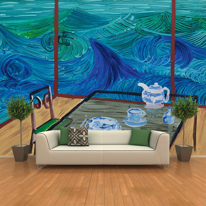 Chinese Tearoom Wallpaper Mural Blue-Brown Artistry Wall Decoration for Living Room