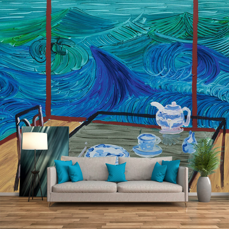 Chinese Tearoom Wallpaper Mural Blue-Brown Artistry Wall Decoration for Living Room